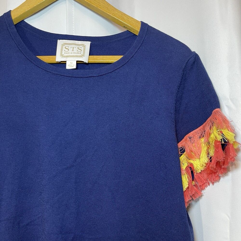 STS Sail to Sable Blue Fringe Sleeve T-Shirt Womens Size Medium Resort Nautical